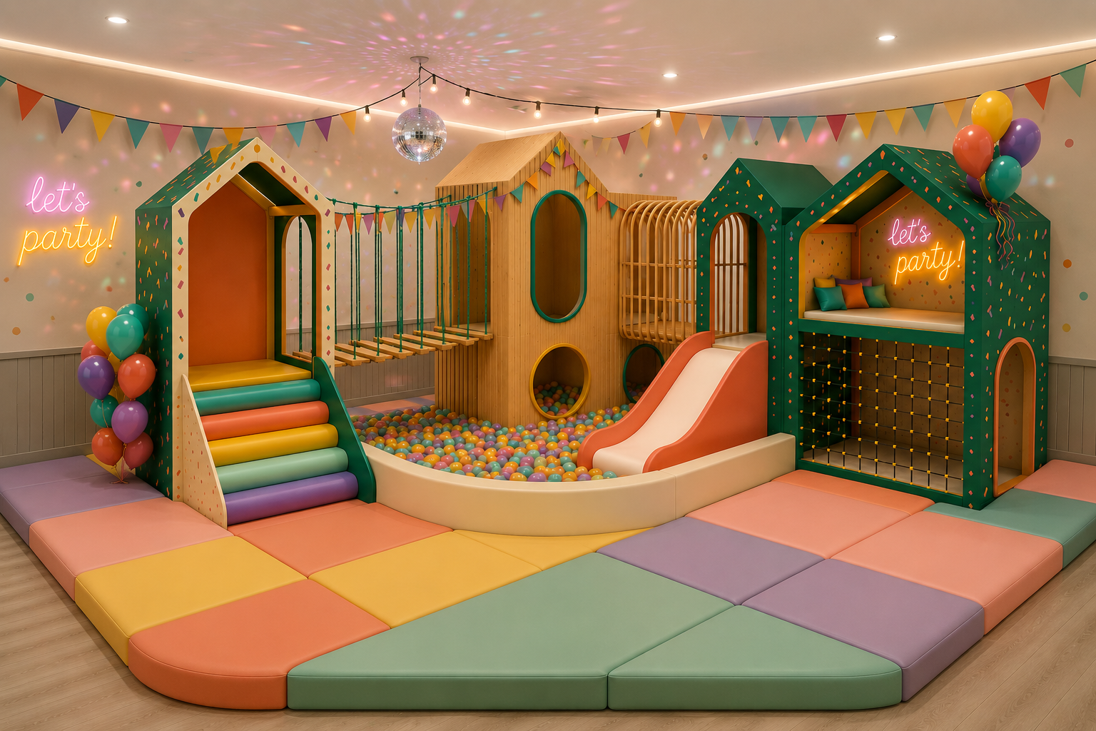Zona de fiestas integrada con módulos-casa Woodplay